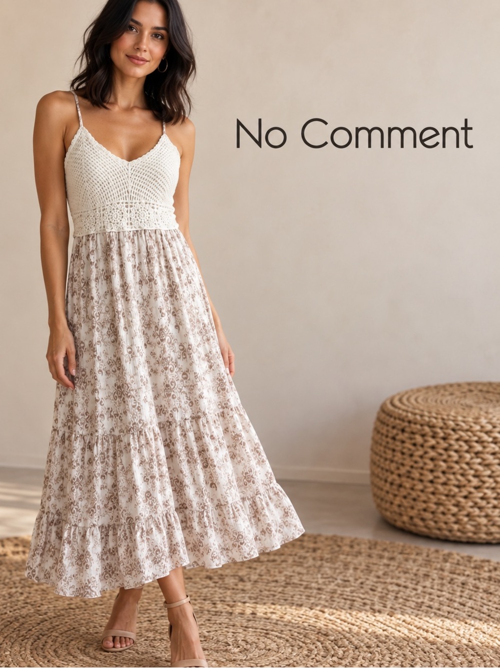 🌸Cream Crochet-Top Tiered Maxi Dress Size L Asymmetrical Bohemian Resort Beach